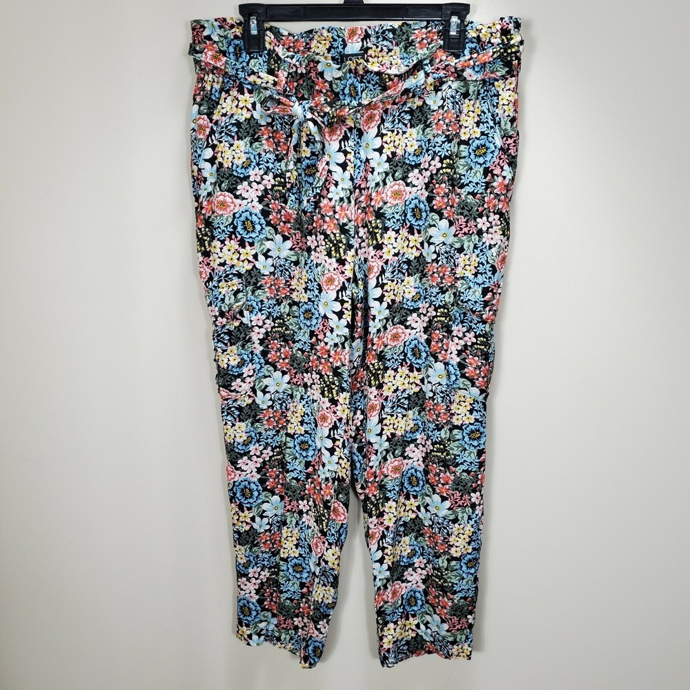 LOFT Floral Paperbag Waist Tie Front Tapered Pants Multi Color Womens Large - Picture 2 of 12